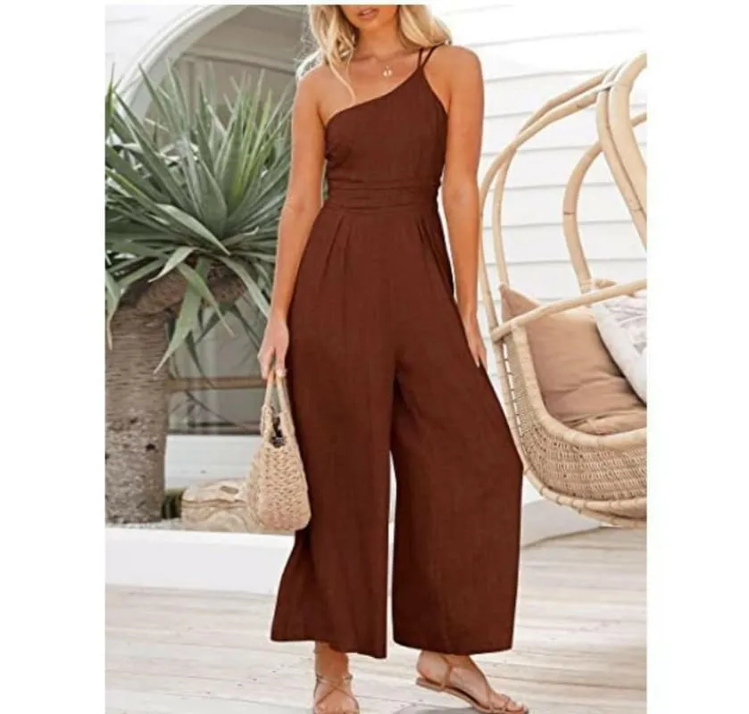 Sexy Camisole Waist Wide Leg Sleeveless Cotton Linen Jumpsuit