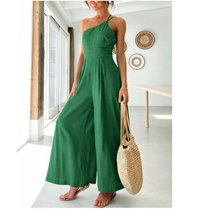 Sexy Camisole Waist Wide Leg Sleeveless Cotton Linen Jumpsuit