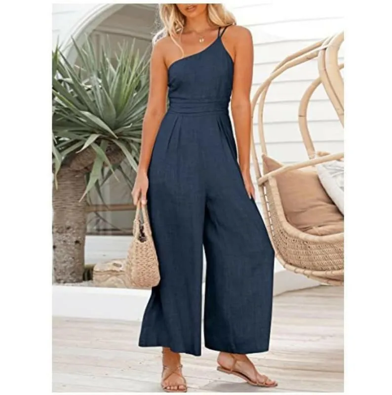 Sexy Camisole Waist Wide Leg Sleeveless Cotton Linen Jumpsuit