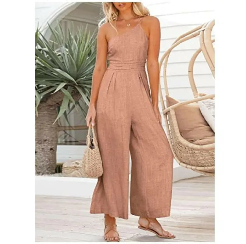 Sexy Camisole Waist Wide Leg Sleeveless Cotton Linen Jumpsuit