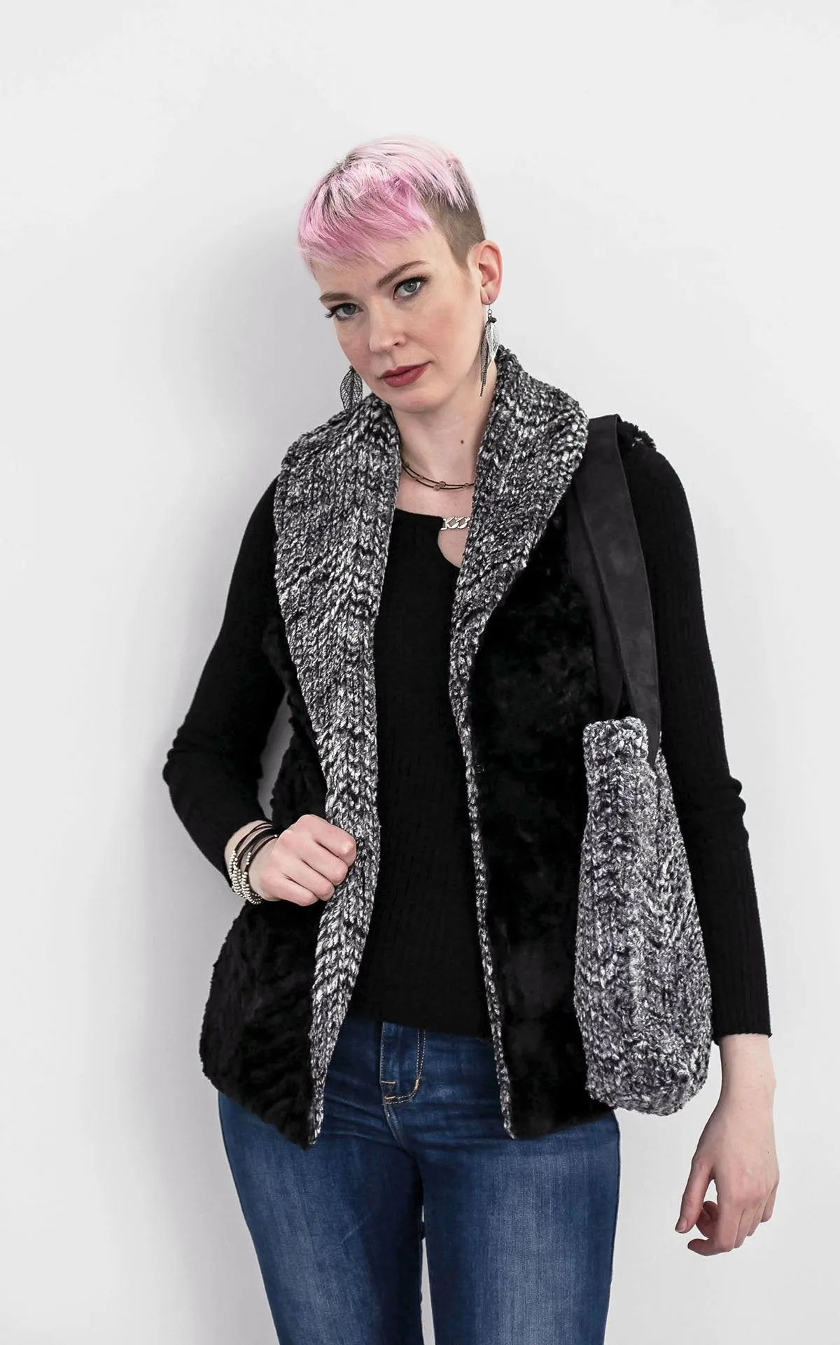 Shawl Collar Vest - Cozy Cable in Ash Faux Fur with Cuddly Fur