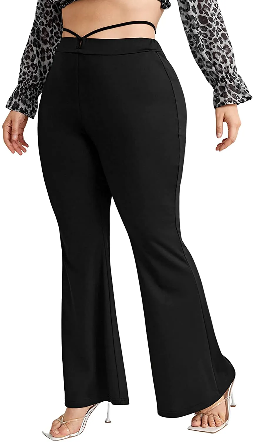 SheIn Women's Cut Out High Elastic Waist Long Pants Flare Leg Solid Trousers