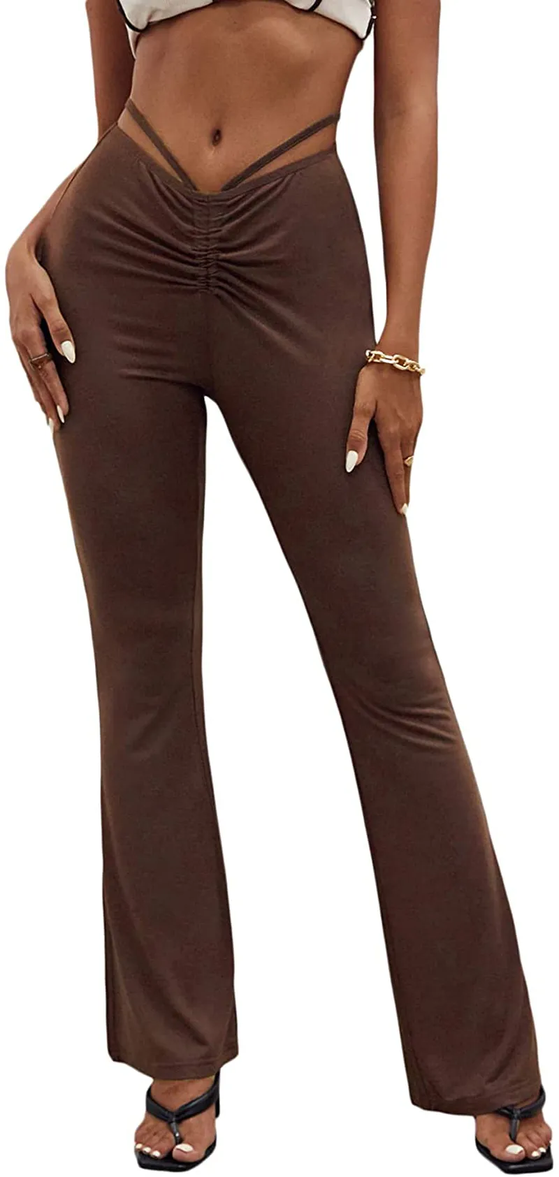 SheIn Women's Cut Out High Elastic Waist Long Pants Flare Leg Solid Trousers