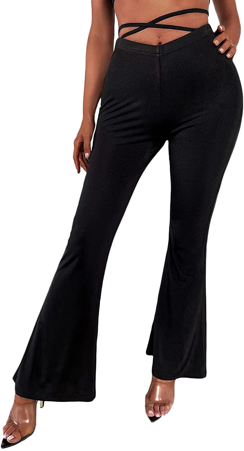 SheIn Women's Cut Out High Elastic Waist Long Pants Flare Leg Solid Trousers