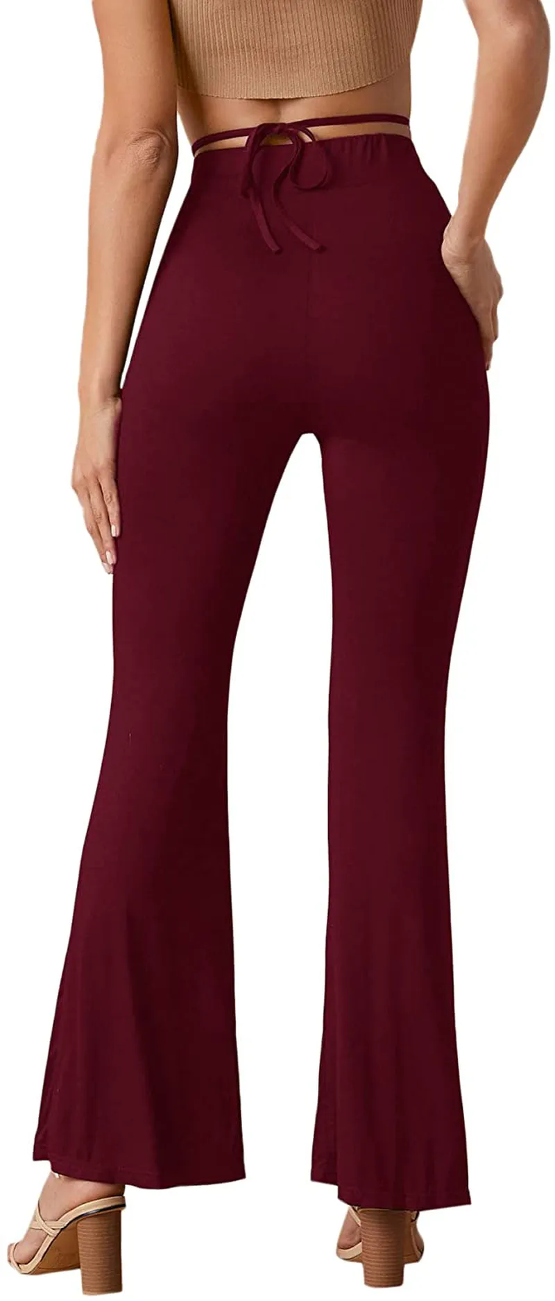 SheIn Women's Cut Out High Elastic Waist Long Pants Flare Leg Solid Trousers