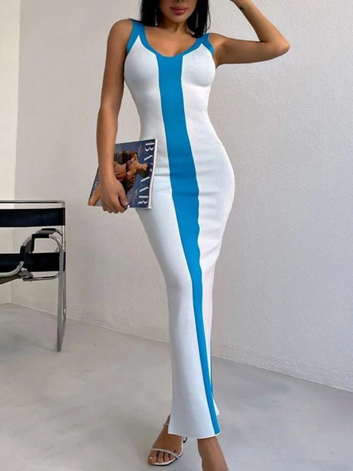 Short Sleeve Casual Long Shirt Dress Contrast Wide Strap Slit Midi Dress