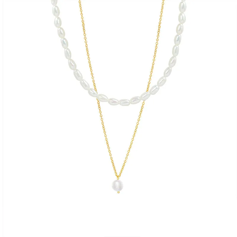 Stacked Double Layered Gold Chain Freshwater Pearl Necklace