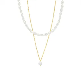 Stacked Double Layered Gold Chain Freshwater Pearl Necklace