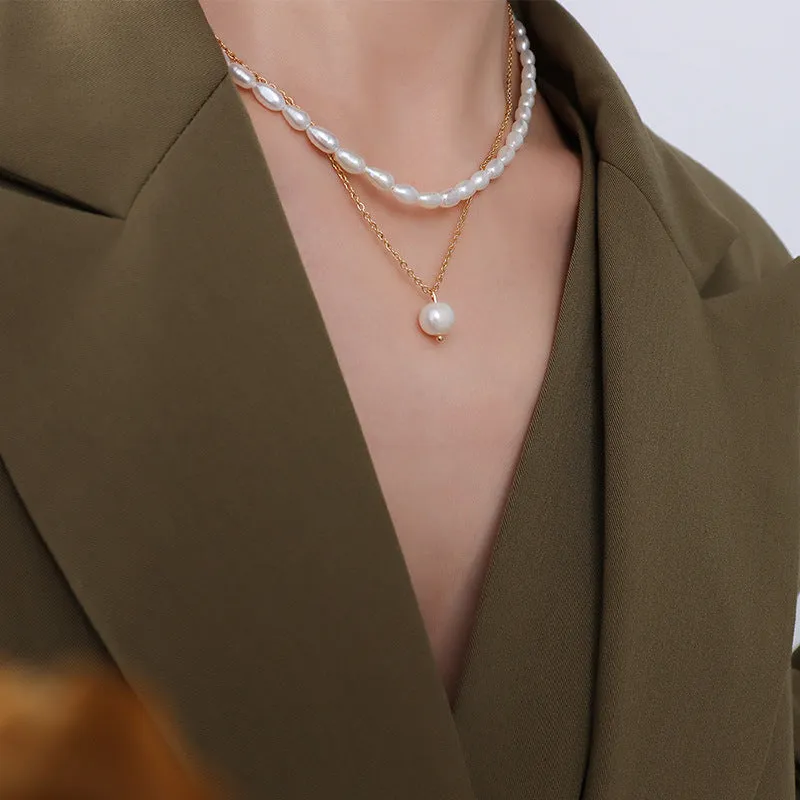 Stacked Double Layered Gold Chain Freshwater Pearl Necklace