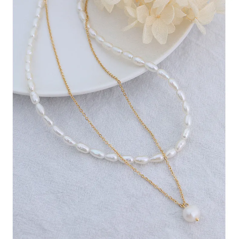 Stacked Double Layered Gold Chain Freshwater Pearl Necklace