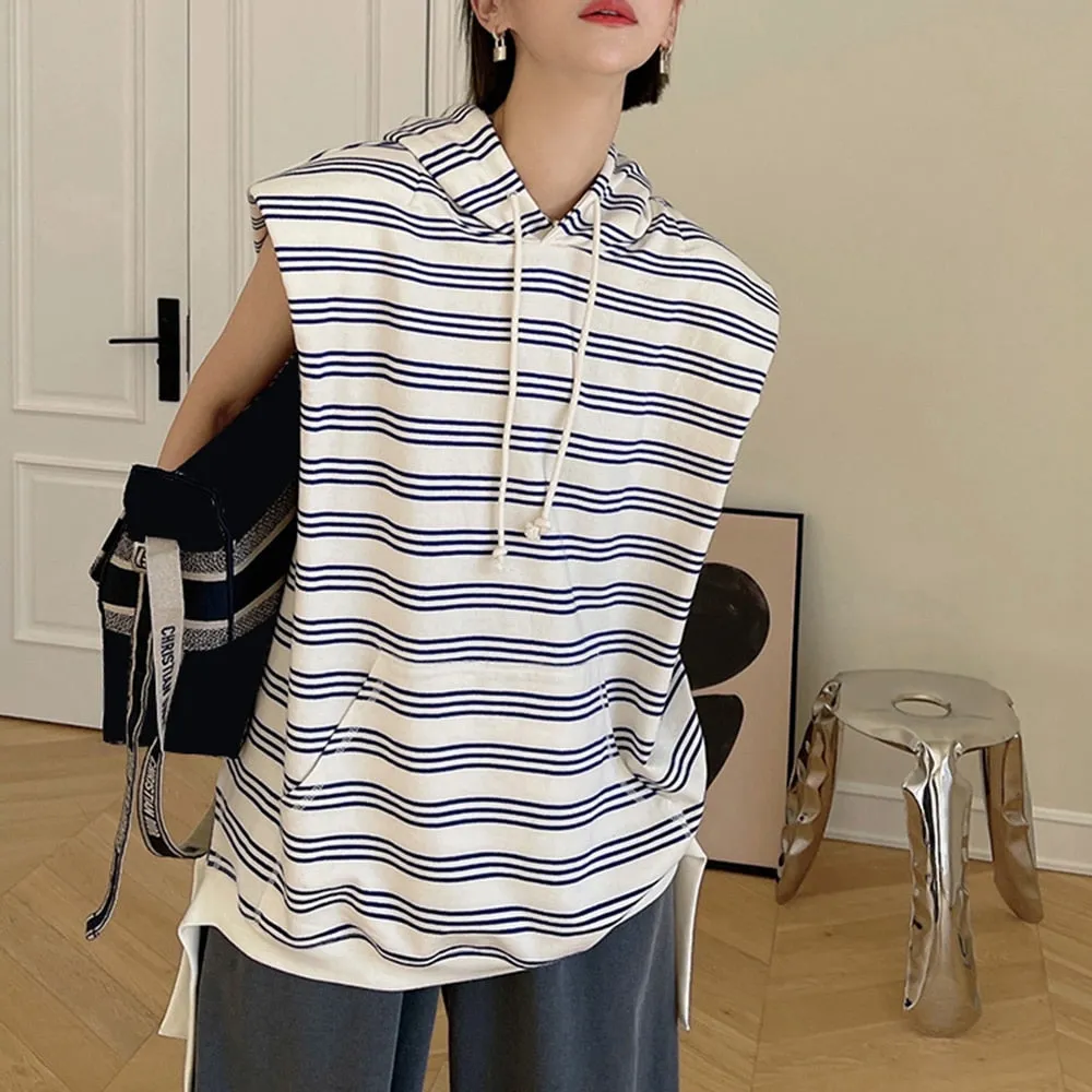 Striped Sweatshirt For Women Hooded Collar Sleeveless Colorblock Loose Vest Sweatshirts Female Summer Clothing