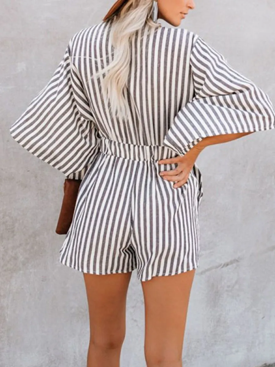 Striped V-Neck High Waist Straps Maternity Jumpsuit