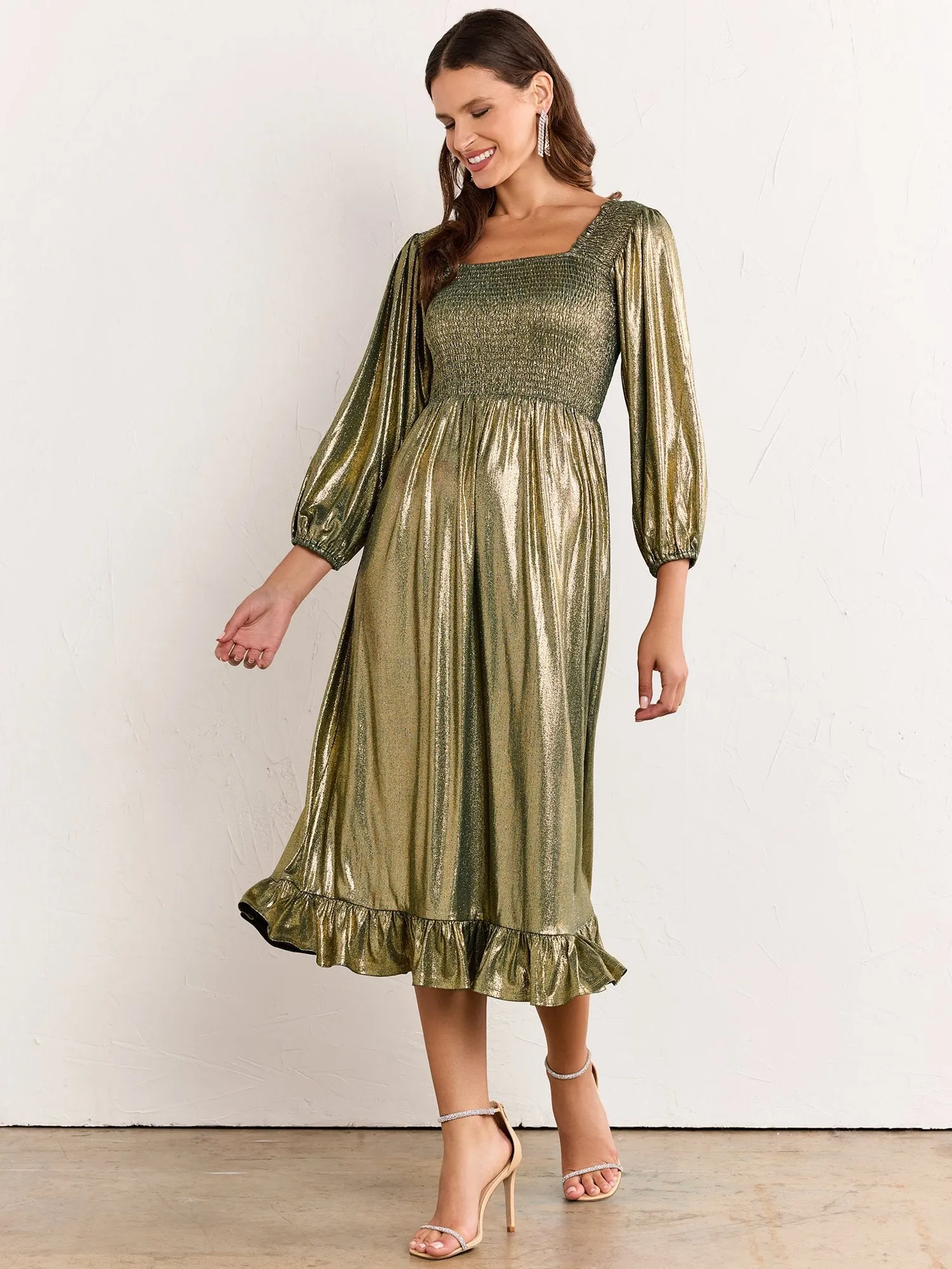 Sugarlips Foil Ribbed Knit Smocked Midi Dress - Brands We Love