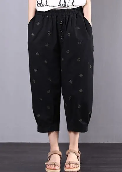 summer new black vintage leaf embroidery seven points elastic waist casual pants