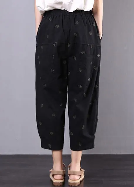 summer new black vintage leaf embroidery seven points elastic waist casual pants