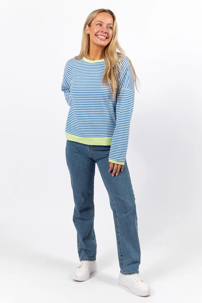 Think On It Blue Striped Contrast Trim Pullover