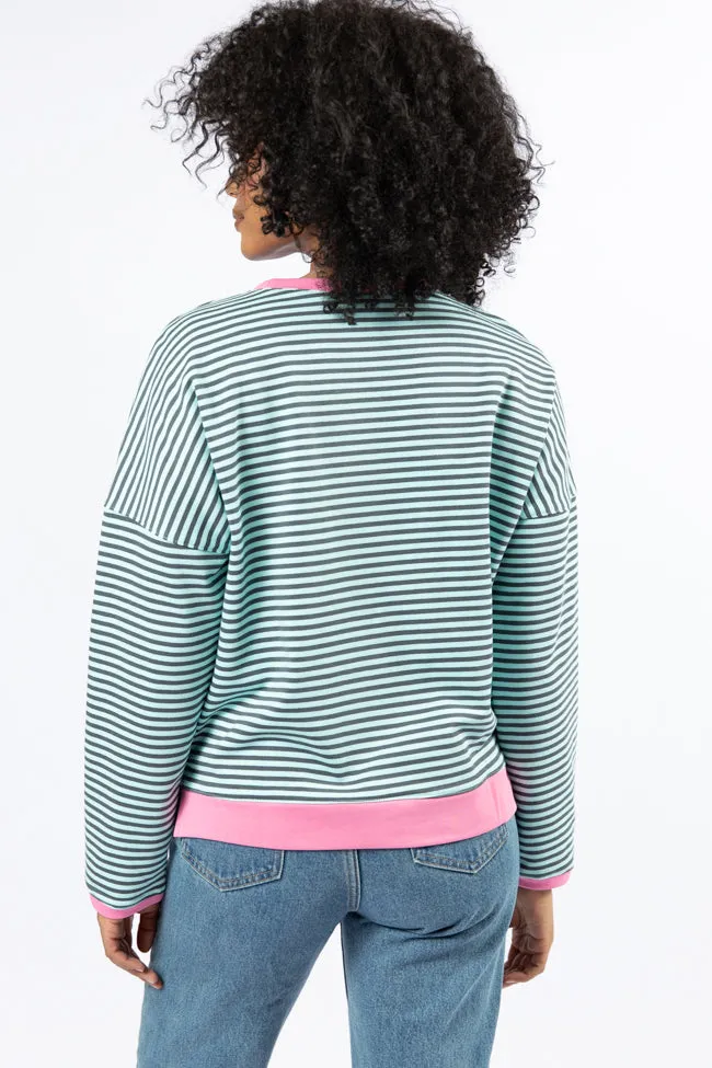 Think On It Pink, Navy, and Charcoal Striped Contrast Trim Pullover