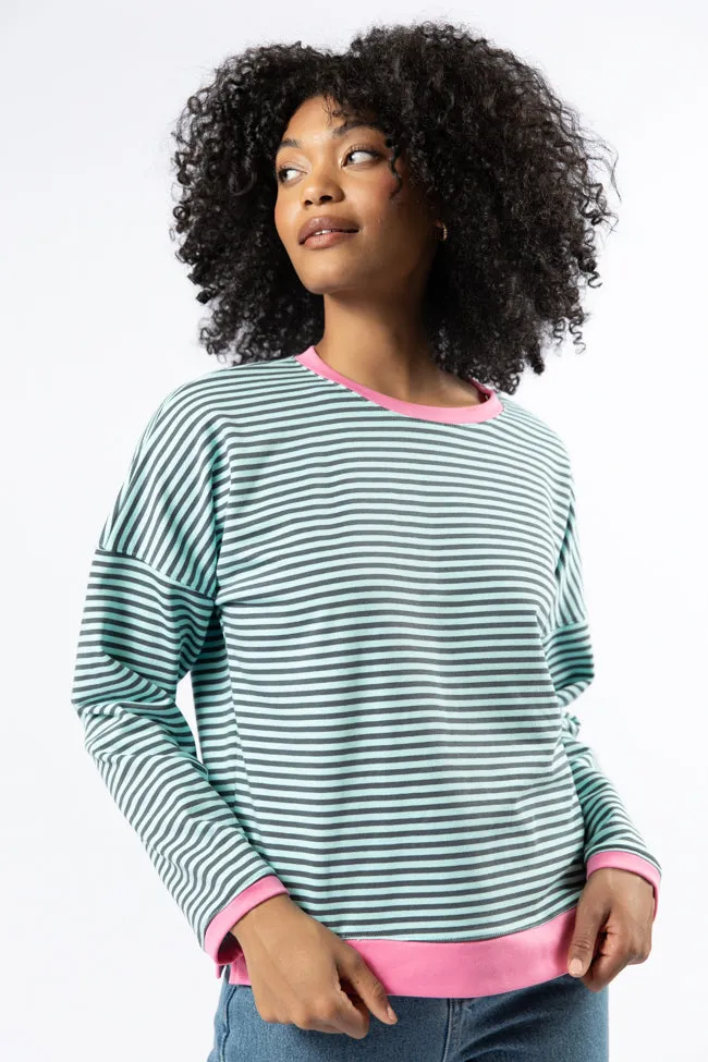 Think On It Pink, Navy, and Charcoal Striped Contrast Trim Pullover