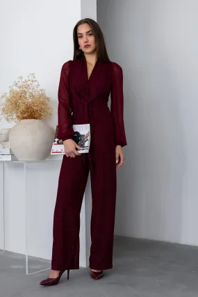 Tie Detail Glitter Jumpsuit - DARK RED