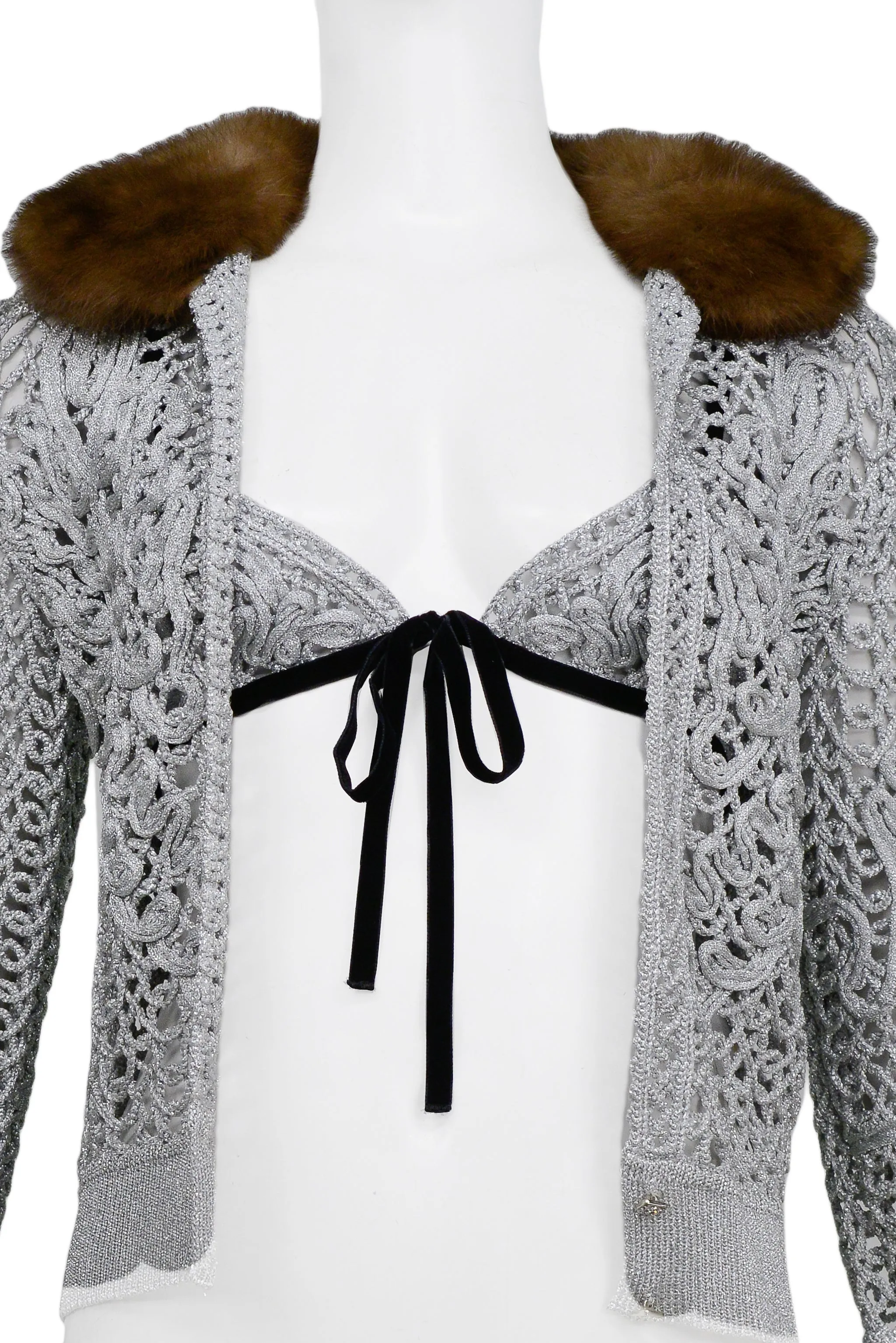 VALENTINO SILVER CROCHET CARDIGAN WITH FUR COLLAR & BIKINI TOP 2004