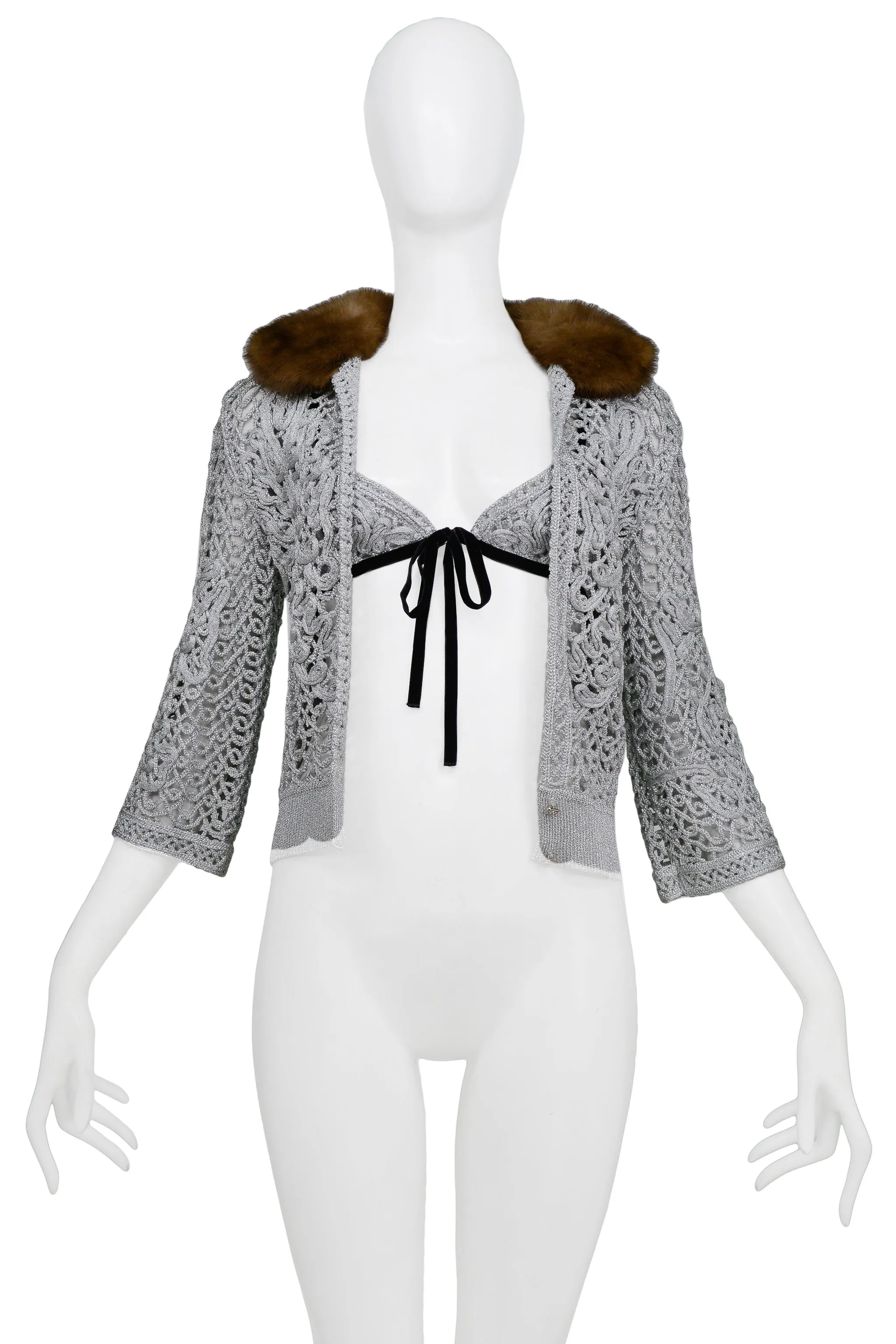 VALENTINO SILVER CROCHET CARDIGAN WITH FUR COLLAR & BIKINI TOP 2004