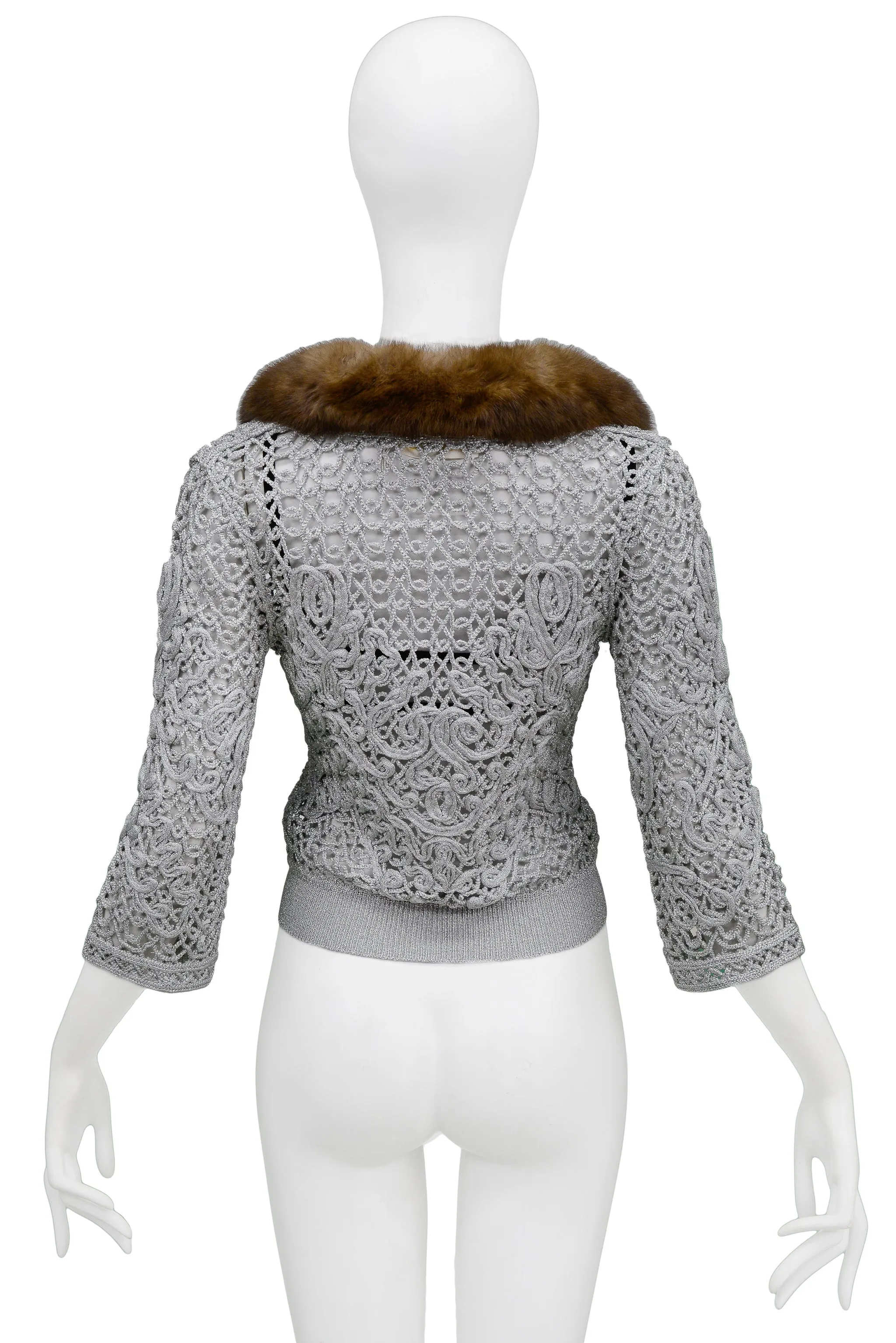 VALENTINO SILVER CROCHET CARDIGAN WITH FUR COLLAR & BIKINI TOP 2004