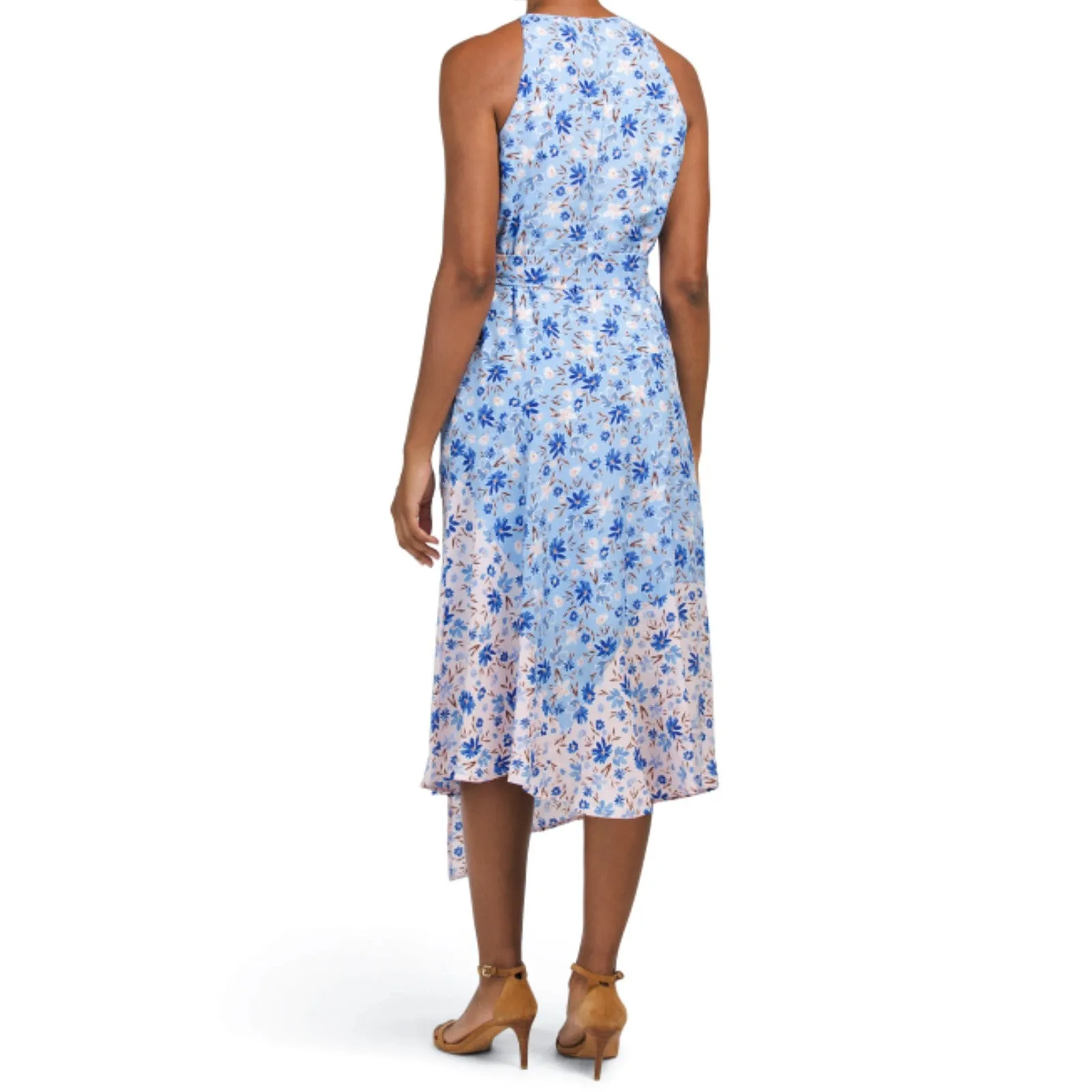 VINCE CAMUTO Mixed Floral Print Sleeveless Asymmetric Midi Dress