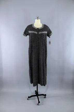 Vintage 1980s Indian Cotton Maxi Dress / Black and White Print