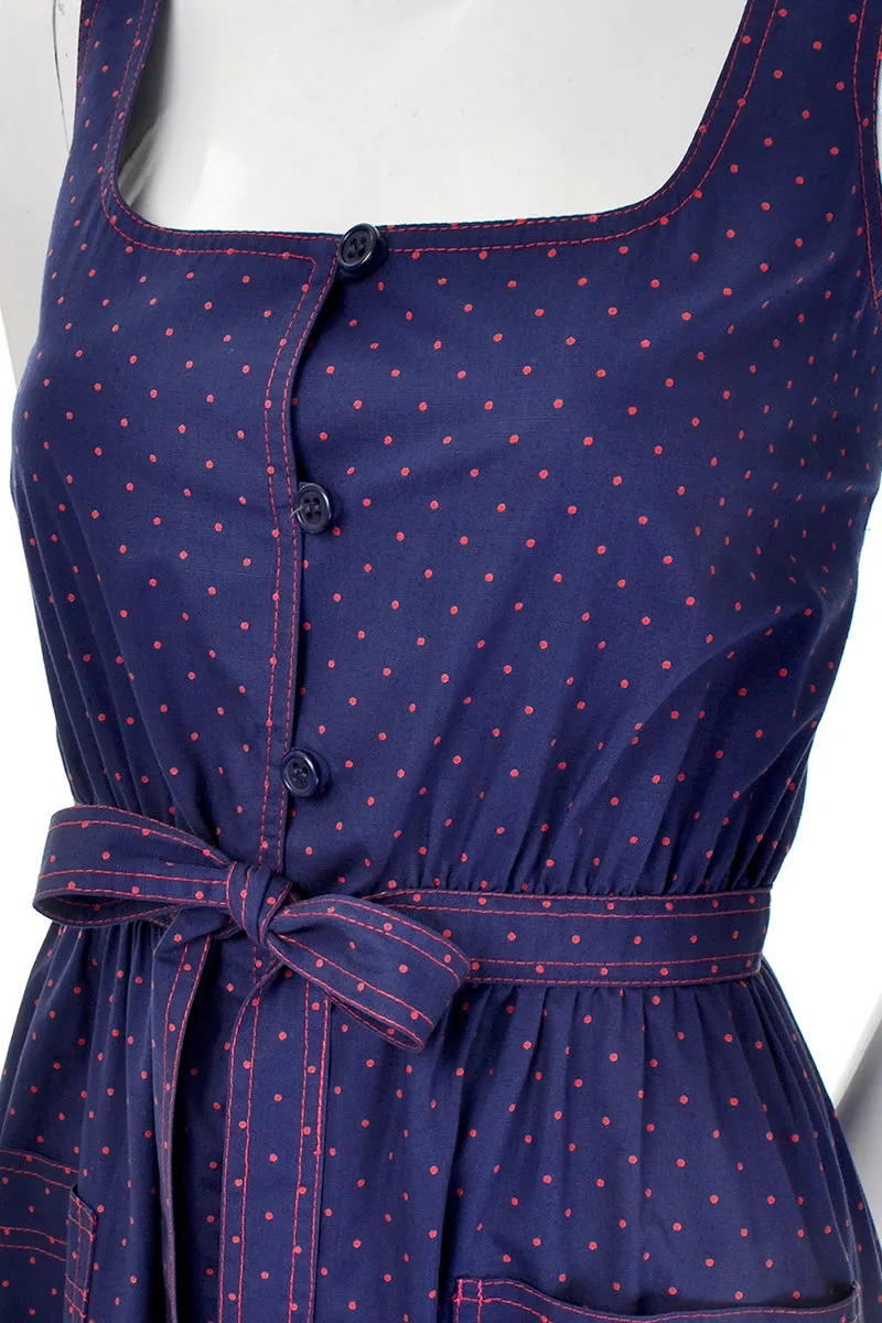 Vintage Albert Nipon Navy Blue & Red Polka Dot Dress w Kerchief Scarf