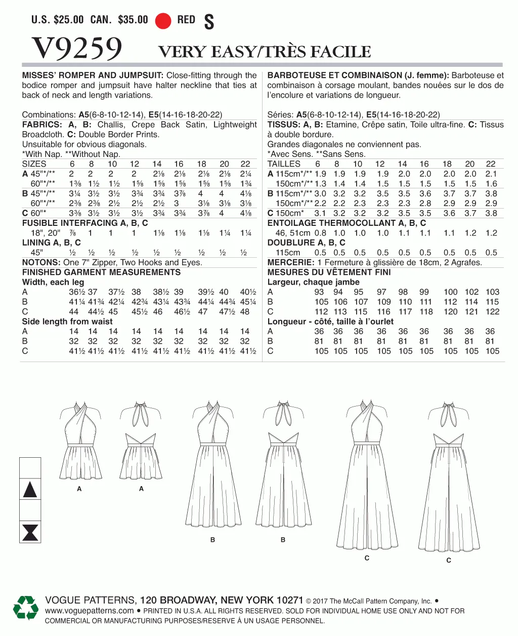 Vogue Pattern V9259 Misses' Criss-Cross Halter Romper and Jumpsuit with Length Variations