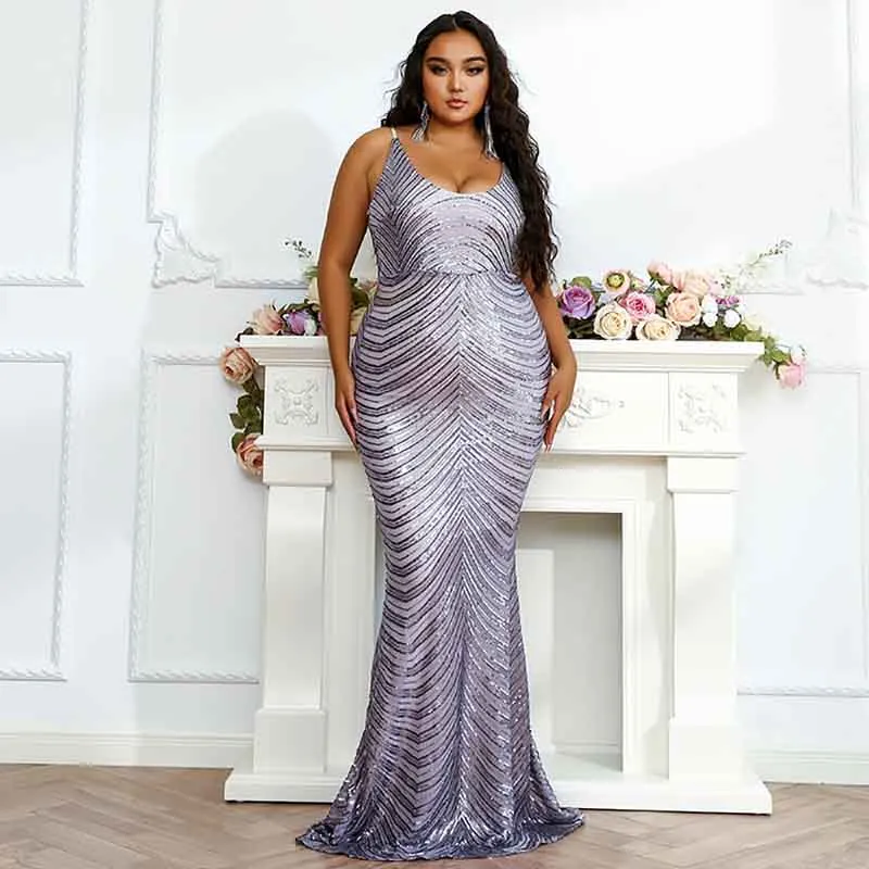 Wedding Plus Size Grey Sequin Dress V-Neck Sleeveless Dress Mermaid Maxi Dress