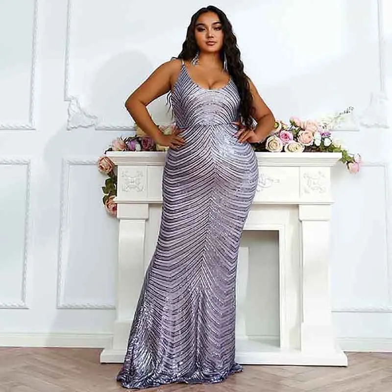 Wedding Plus Size Grey Sequin Dress V-Neck Sleeveless Dress Mermaid Maxi Dress