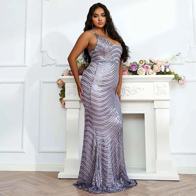 Wedding Plus Size Grey Sequin Dress V-Neck Sleeveless Dress Mermaid Maxi Dress