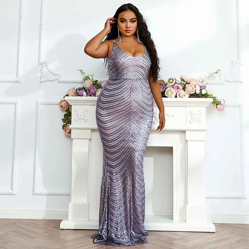 Wedding Plus Size Grey Sequin Dress V-Neck Sleeveless Dress Mermaid Maxi Dress