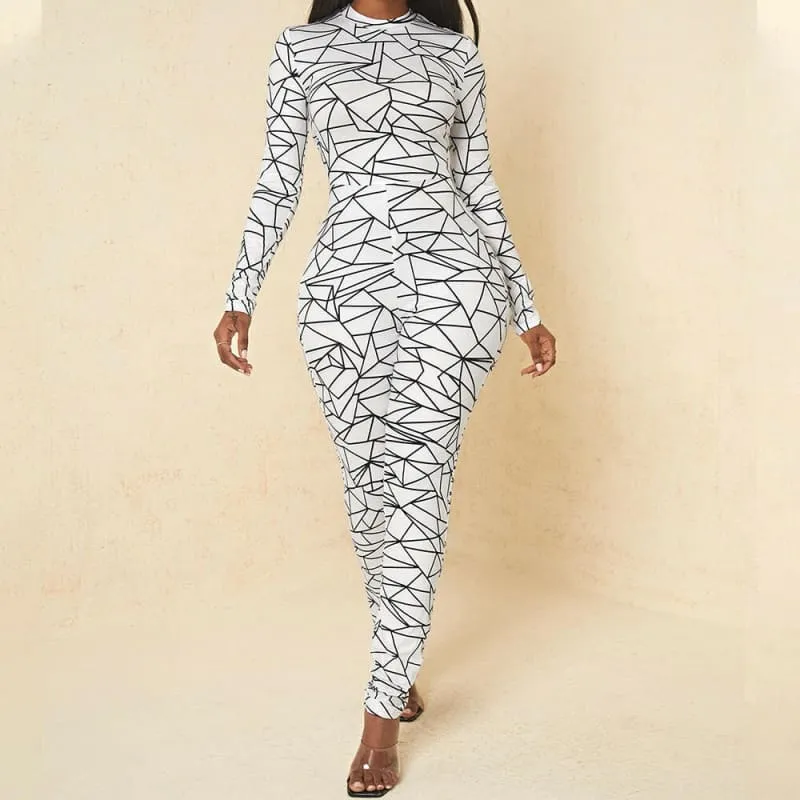 White Geometric Pattern High Waist Jumpsuit with Round Neck Leopard Print