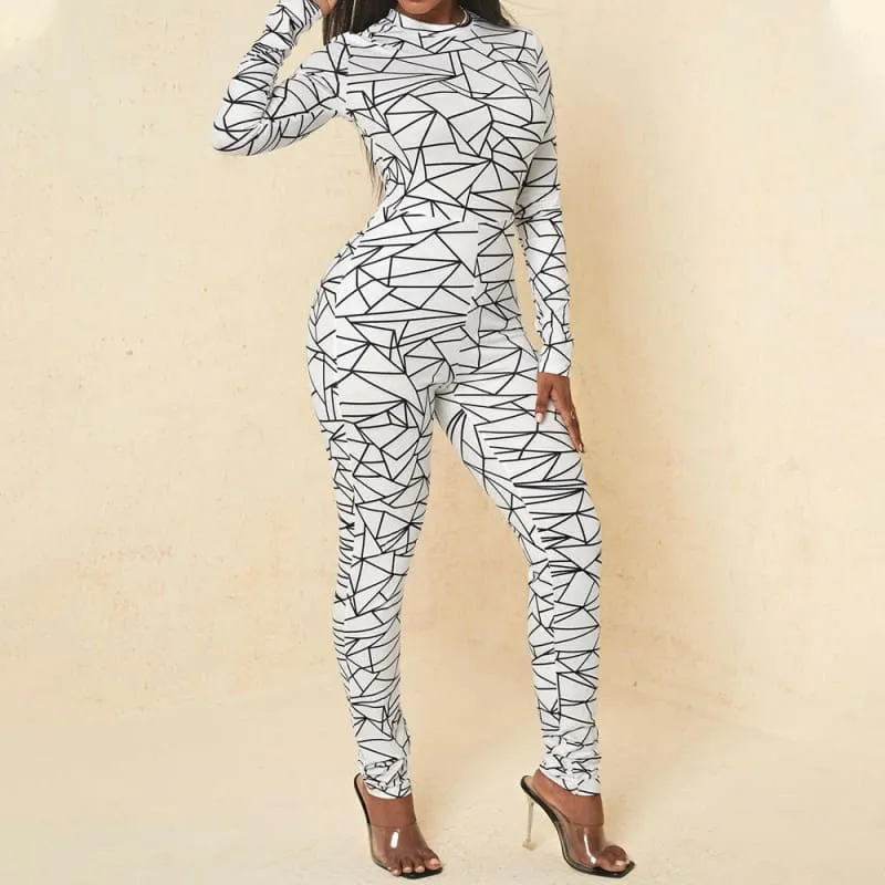 White Geometric Pattern High Waist Jumpsuit with Round Neck Leopard Print