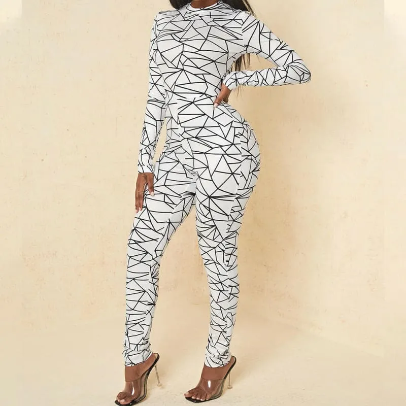 White Geometric Pattern High Waist Jumpsuit with Round Neck Leopard Print