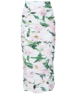 White Peony Ruched Midi Skirt