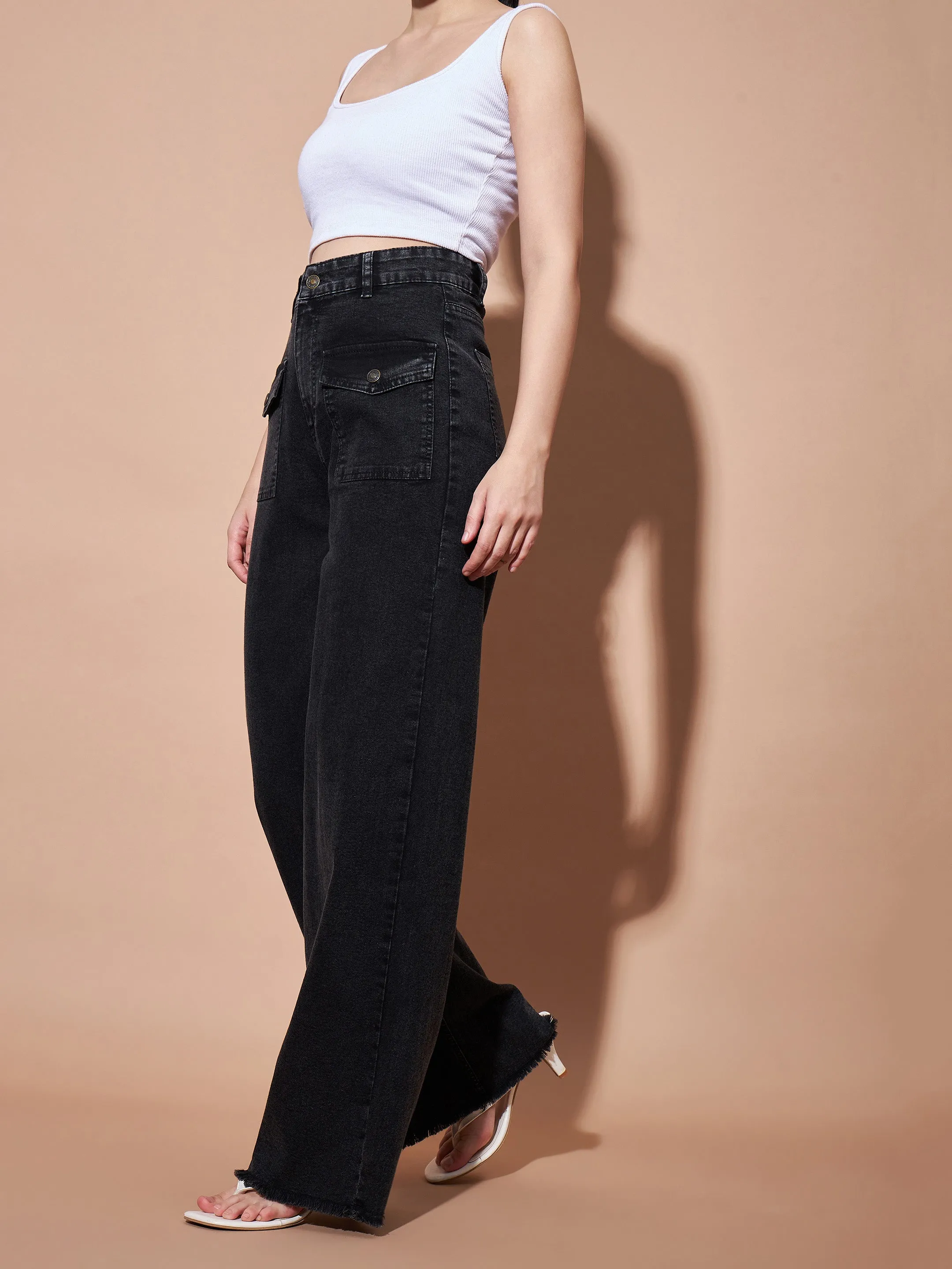 Women Black High Waist Flap Pocket Straight Jeans