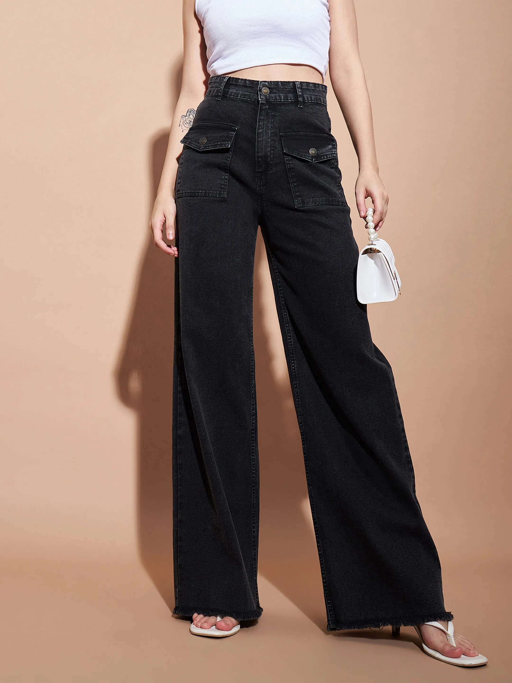 Women Black High Waist Flap Pocket Straight Jeans