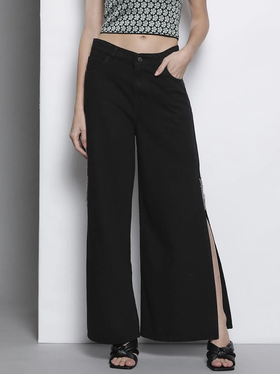 Women Black Side Chain Slit Jeans