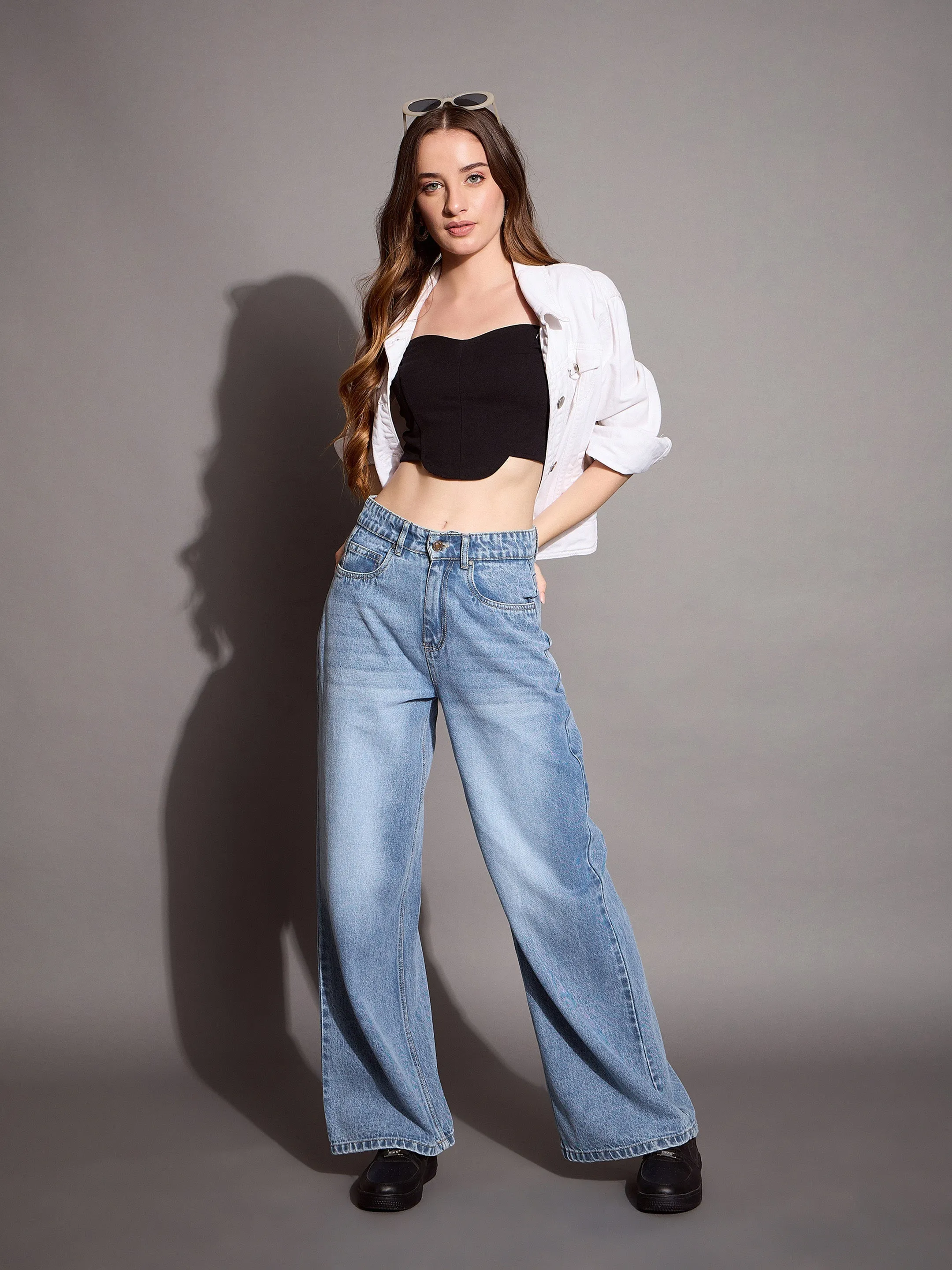 Women Blue High Waist Wide Leg Jeans