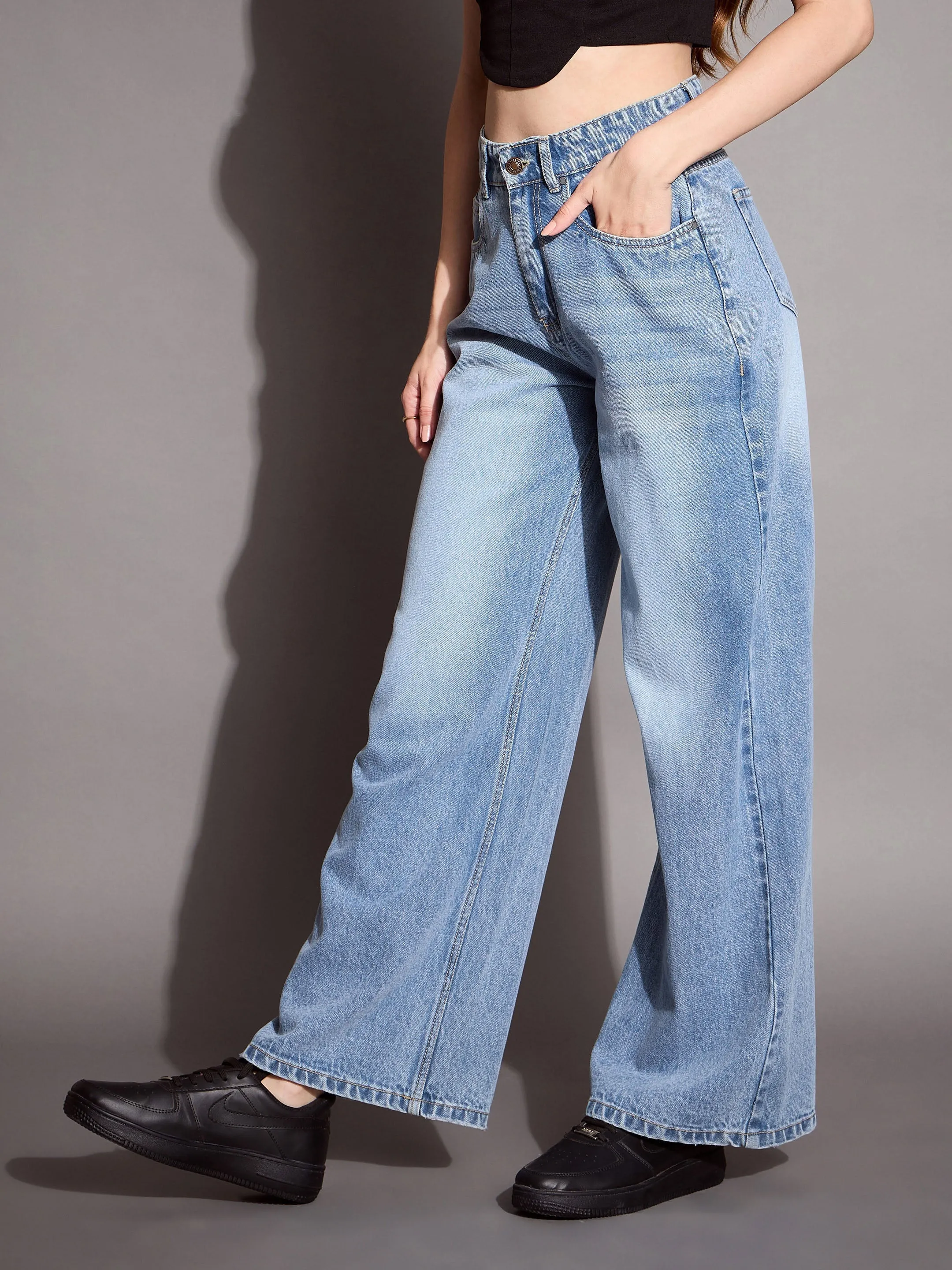 Women Blue High Waist Wide Leg Jeans