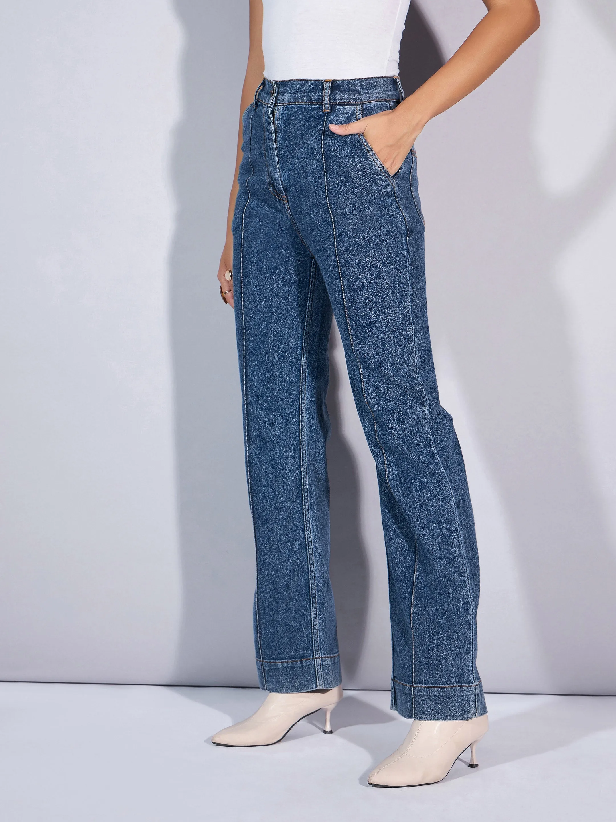 Women Blue Mid Rise Boot Cut Jeans