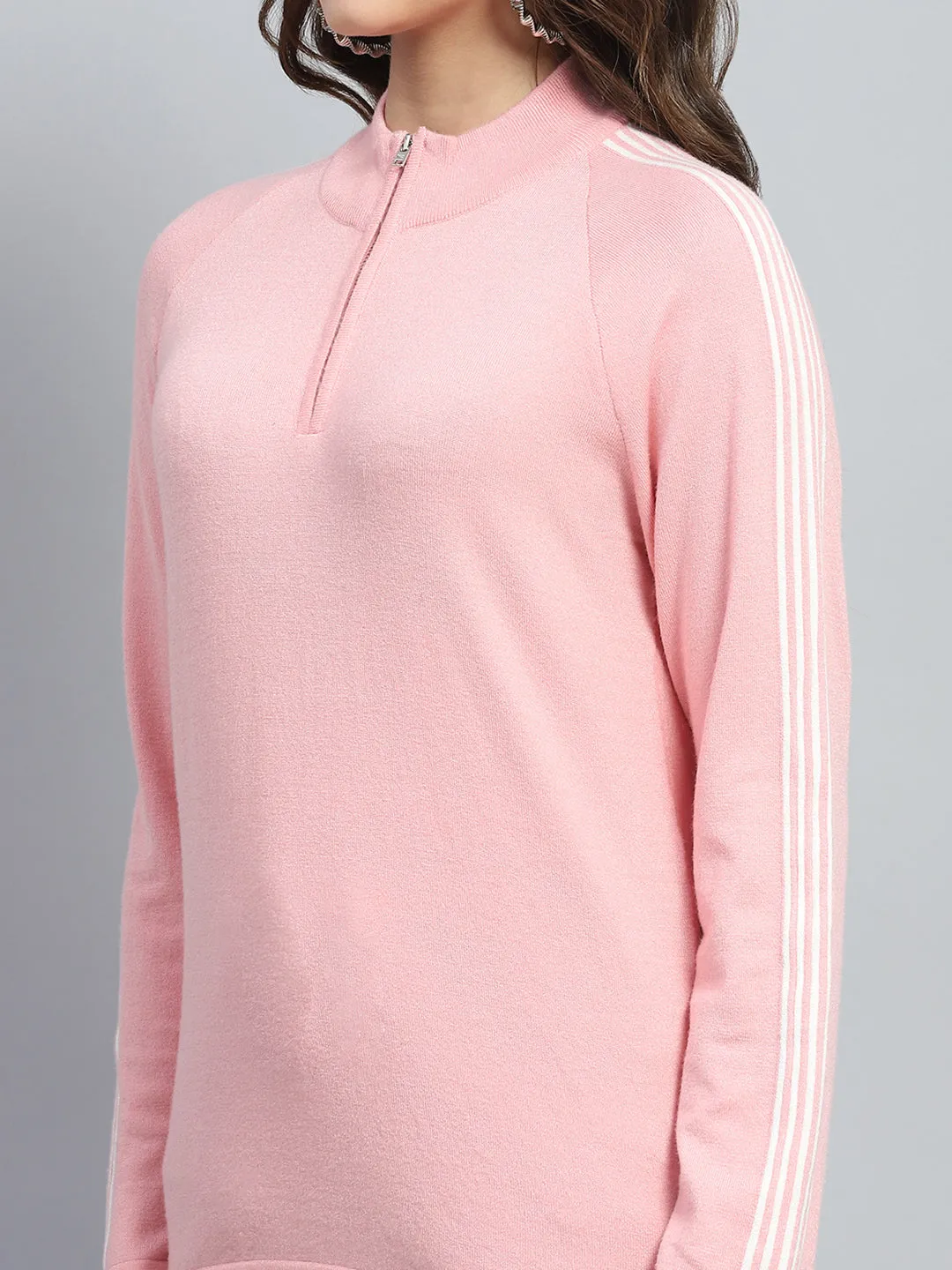 Women Pink Solid Mock Neck Full Sleeve Pullover